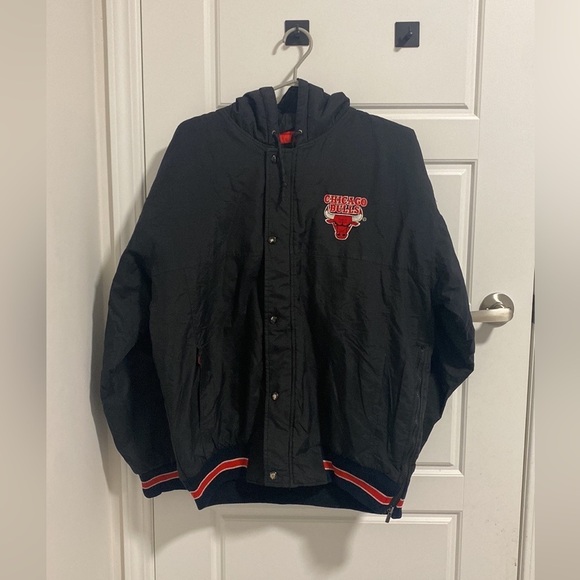 NBA CHICAGO BULLS VINTAGE STARTER Black Logo Button Full-Zip Hooded Jacket in M - Picture 8 of 8